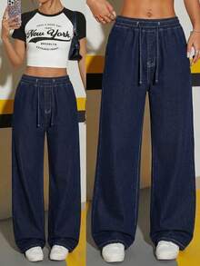 SHEIN 青少年女孩時尚休閒 Y2K 復古酷街頭風格 開學大學適用 寬鬆舒適灰色彈性腰帶抽繩設計 牛仔寬腿牛仔褲 柔軟日常穿搭 秋冬狂歡節祭典街頭風 寬鬆牛仔褲 Y2K 夏季百搭 母親節開學季 - 藍色 - 查看 6