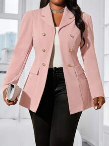 SHEIN Lady Áo khoác công sở màu hồng dáng dài, cổ ve áo nhọn, tay phồng, khuy vàng, dành cho mùa thu đông. - Hồng - Xem 1