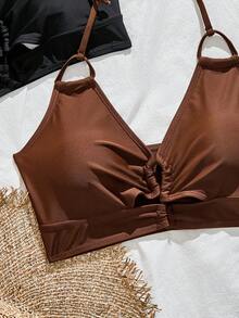 SHEIN 女款夏季海灘度假純色掛脖比基尼上衣兩件套 - 彩色 - 查看 3