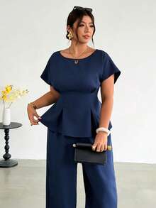 Firerie Summer Women's Elegant Navy Blue 2-Piece Set,Formal Work Commute Bamboo Texture Round Neck Short Sleeve Waist Pleated Top&Loose Wide Leg Pants Outfit - Navy Blue - View 3