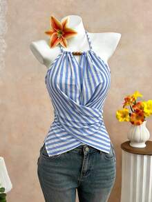 Elenzga Áo tank top nữ mùa hè thanh lịch đi làm thường ngày, màu nền mơ, họa tiết lá, không tay, cổ yếm, thắt nơ cổ, trang trí hạt gỗ, gấu áo bất đối xứng, eo buộc chéo, ôm sát tôn dáng - Màu xanh lam - Xem 4