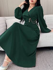 Feyla 女款素色腰部鈕扣設計燈籠袖優雅洋裝 - 墨綠色 - 查看 4