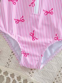 SHEIN Young Girl Stand Collar Raglan Sleeve One-Piece Butterfly Print Swimsuit  Girl Butterfly & Striped Holiday One-Piece Swimsuit With Shorts,Zipper Front - Multicolor - View 6