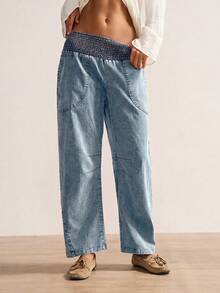 Bohemela Plus Size Women Casual Solid Color Drawstring Waist Pants - Blue - View 3