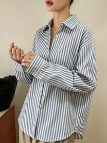 Dazy-Less Camisa de Manga Longa Listrada Azul Casual de Primavera/Verão, Adequada para Escritório, Transporte, Dia dos Namorados - Azul - Visão 4