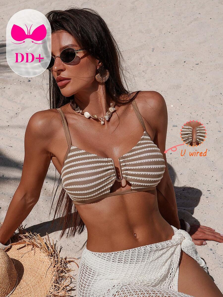 Swim DD+ 女款性感 DD+ 無鋼圈紋理 + 金屬 U 型支撐可調節肩帶比基尼上衣,適合春季/夏季、泳池派對、海灘 - 卡其色 - 查看 1
