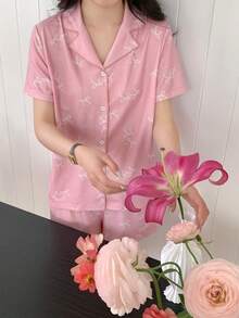 SHEIN 女童甜美蝴蝶结短袖翻领休闲短裤睡衣套装 - 粉色 - 查看 5
