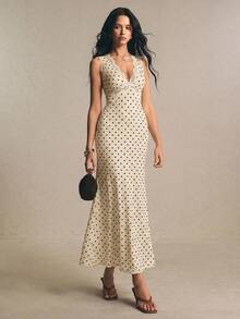 Poéselle Women's Elegant French Lace Polka Dot Patchwork Dress - Apricot - View 4