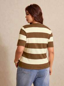 Elaquor Plus Size Women Striped Short Sleeve Single-Breasted Knit Cardigan - Multicolor - View 2