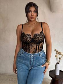 Firerie Plus Size Sexy Sheer Lace Camisole Elegant Lace Summer Vacation Going Out Bodysuit Party Bodysuit Independence Day Outfits Elegant Bodysuit For Women - Black - View 3