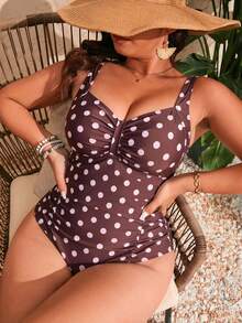 Swim Mod Plus Size Polka Dot Print Ruched Bust One-Piece Swimsuit - Coffee Brown - View 3