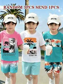 RANDOM 3PCS ENVIAR 1 pieza Conjunto estilo California para niños en degradado rosa & azul, camiseta de manga corta con estampado de palmera de coco + pantalones cortos, adecuado para salidas a la playa y uso diario, conjunto de 2 piezas de camiseta de manga corta con estampado de palmera de coco en degradado & pantalones cortos, atuendo casual y cómodo para vacaciones en la playa para niños - Multicolor - Ver 3