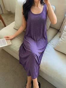 DAZY 極簡針織無袖收腰長款睡袍 女款居家休閒連身裙 夏季睡衣 - 紫色 - 查看 1