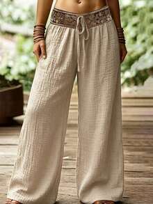 Zayélia Women's Drawstring Loose Wide Leg Solid Color Casual Pants - Beige - View 3