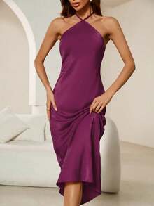 Revavyn Đầm bodycon dài maxi hở lưng màu trơn thanh lịch cho nữ, Đầm dự tiệc sinh nhật ngày lễ mùa hè - Màu tím - Xem 4