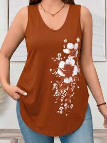 EMERY ROSE Áo kiểu nữ cỡ lớn cổ chữ V không tay, vạt cong họa tiết hoa, kiểu dáng lệch vai, thích hợp cho trang phục mùa xuân và mùa hè. - Rỉ Nâu - Xem 1
