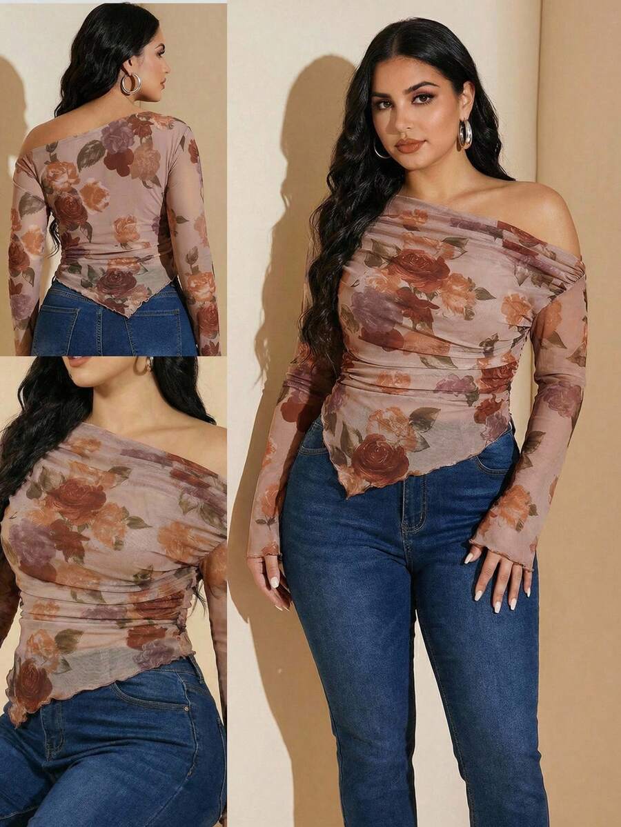 Modelyn 大码优雅印花褶皱不对称修身T恤 - 彩色 - 查看 1