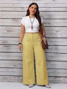 EMERY ROSE Plus Size Women's Solid Color Button Dual Pocket Loose Casual Denim Jeans Formal Light Yellow Summer - Yellow - View 8