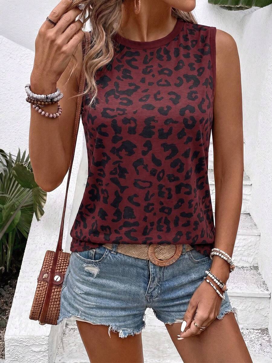 EMERY ROSE Fashionable Casual Vintage Burgundy Base With Black Leopard Print Pattern Round Neck Regular Women Tank Top - Multicolor - View 1