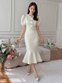 DAZY 2pcs/Set Puff Sleeve Top And High Waist Skirt, Textured Knee-Length Outfit Summer - Beige - View 4