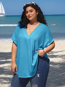 SHEIN CURVE+ Áo thun cổ chữ V tay lật cỡ lớn, màu trơn, kiểu dáng thường ngày, thích hợp mặc mùa hè. Áo thun cơ bản, áo thun cổ chữ V đi nghỉ mát/áo thun cỡ lớn, trang phục mùa hè/đồng quê/bãi biển/trang phục đi biển/đồ đi biển. - Màu xanh lam - Xem 5