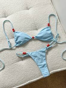 Swim Mod Conjunto de bikini de tirantes finos de unicolor rojo con decoración de cuentas para mujer, primavera/verano - Azul - Ver 2
