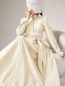 Heiryn Women's Casual Solid Color Tie-Up Long Sleeve Dress, Spring - Apricot - View 6