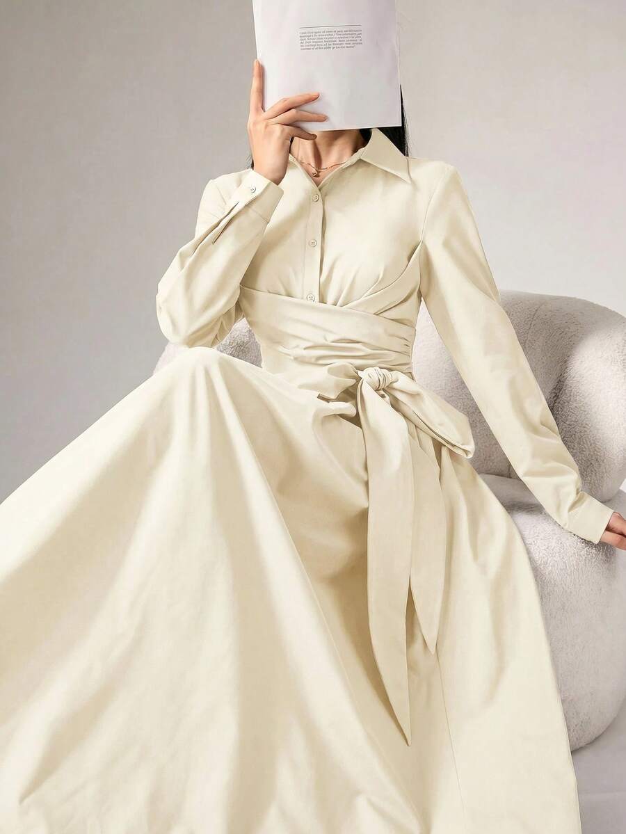 Heiryn Women's Casual Solid Color Tie-Up Long Sleeve Dress, Spring - Apricot - View 1