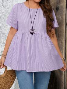EMERY ROSE Plus Size Striped Print Round Neck Casual Short Sleeve Tunic Tops Dressy Blouses , Suitable For Summer - Purple - View 7