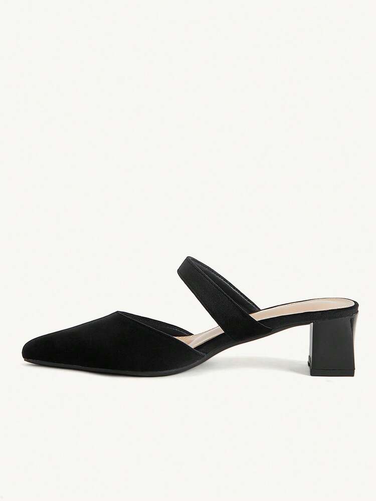 CUCCOO CHICEST Black Suede Pointed Mullers, One-Word Thick-Heeled Slippers, Workplace Commuting Dating Slim High Heels