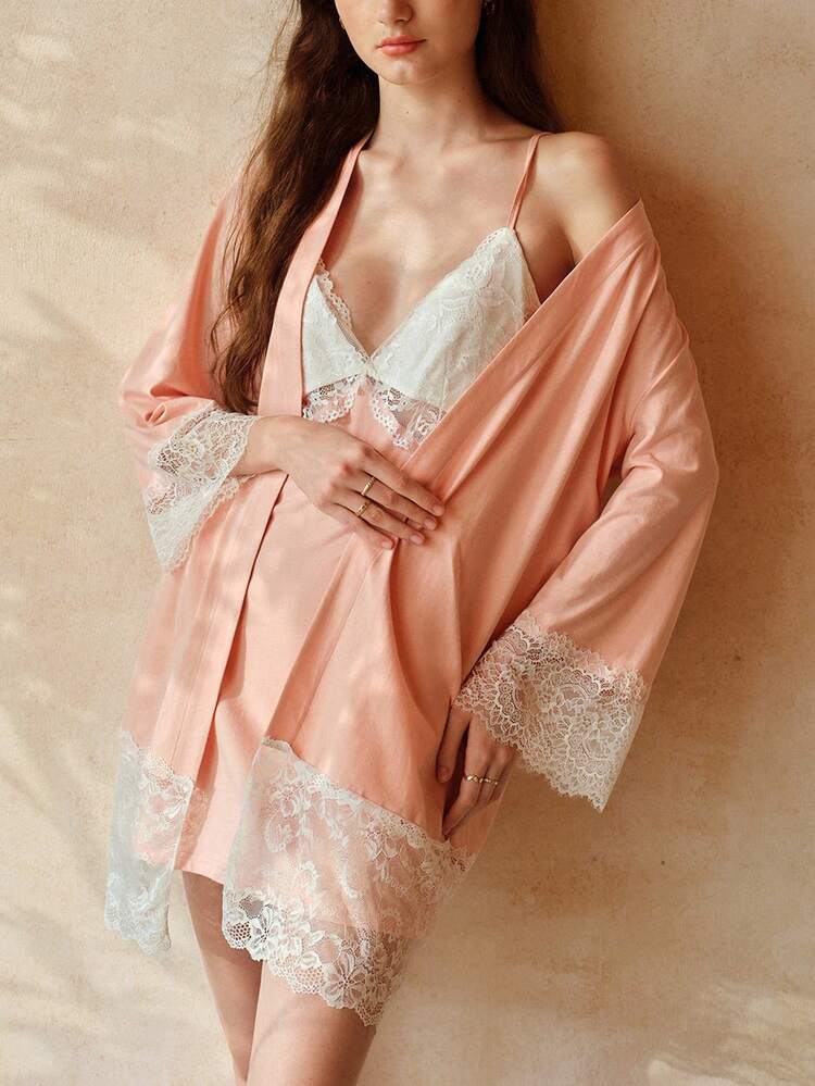 CONTRAST LACE CAMISOLE SLEEP DRESS AND ROBE SET