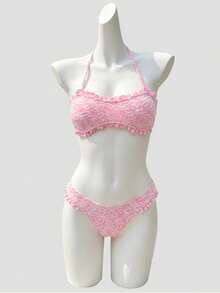 ROMWE Kawaii Set Bikini Wanita Musim Panas untuk Liburan Pantai Motif Bunga Tanpa Punggung dengan Tali Depan Warna Pink yang Lucu - Berwarna merah muda - View 3