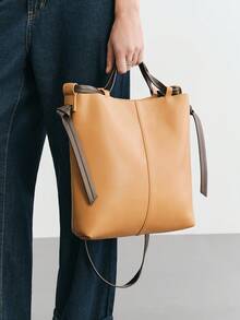 SHECARRY Ladies Brown Tote Bag, Smooth And Soft Flat PU Contrasting Color, Exquisite And Simple, Vintage   Large-Capacity Shoulder Bag,  For Ladies, Mothers, Daily, Commuting, Shopping - Brown coffee - View 1