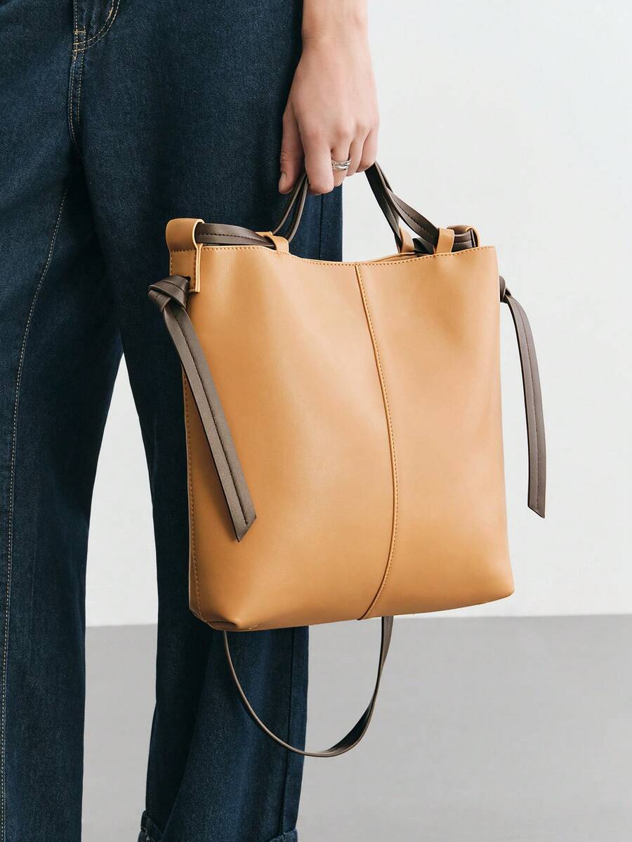 SHECARRY Ladies Brown Tote Bag, Smooth And Soft Flat PU Contrasting Color, Exquisite And Simple, Vintage   Large-Capacity Shoulder Bag,  For Ladies, Mothers, Daily, Commuting, Shopping - Brown coffee - View 1