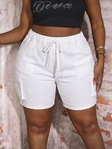 Slaydiva Plus Size High Waist Skinny Sexy Cargo Denim Shorts - White - View 5