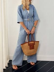 EMERY ROSE Women's Metal Buckle Versatile Short Sleeve Tie-Front Top And Casual Loose Pocket Denim Pants Set - Blue - View 10