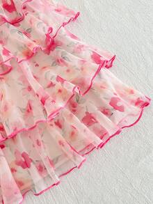 Cozy Pixies Baby Girl Summer Elegant Floral Print 3D Flower Decor Multi-Layer Halter Neck Dress - Pink - View 5