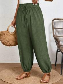 SHEIN Frenchy Summer Vacation Women's Tropical Print Knot Front High Waisted Long Pants - Green - View 5
