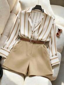 Conjunto de camisa holgada y fluida a rayas y pantalones cortos de talle alto en azul marino para mujer, conjunto de vestir minimalista y elegante para primavera/verano - Caqui - Ver 3