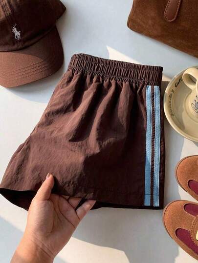SHEIN Shorts Casuais Marrons Tecidos com Remendos e Fitas para Meninas Adolescentes