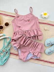 Dazy Kids 少女樱桃印花荷叶边比基尼套装，夏季海滩度假 - 粉色 - 查看 1