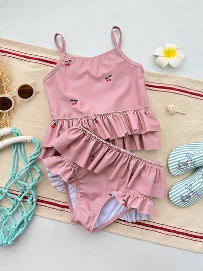 Dazy Kids 少女樱桃印花荷叶边比基尼套装，夏季海滩度假