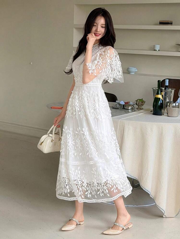 Women's Solid Color Short Sleeve Mesh Patchwork Elegant Waist Cinched Long Dress, Summer