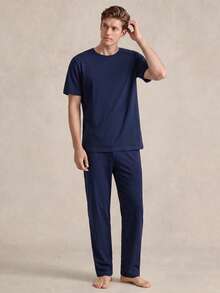SHEIN Men's Comfortable Solid Color Round Neck Short Sleeve Top And Pants Pajama Set, Summer - Navy Blue - View 4