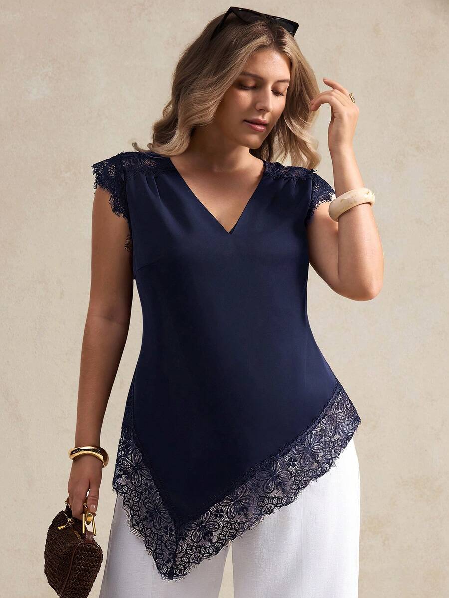 Elegantrix Plus Size Women's Elegant V-Neck Lace Trim Asymmetric Hem Blouse, Suitable For Daily And Office Wear, Spring/Summer - Navy Blue - View 1