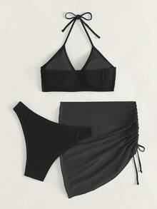 SHEIN Swim Summer Beach 3packs Textured Ring Linked Bikini With Beach Skirt - Black - View 2