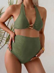Swim Vcay Maternity Beach Vacation Solid Color Halter Bikini Set - Green - View 3
