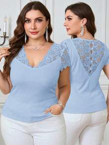 SHEIN Clasi Plus Size Women Elegant Solid Color Lace Patchwork T-Shirt Dates Formal Baby Blue Summer - Baby Blue - View 1