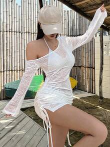 DAZY 女款夏季不對稱單肩抓皺綁帶沙灘罩衫，性感透視泳裝披肩長袖上衣 - 白色 - 查看 4