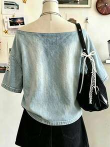 Lalippa Damen lässig Asymmetrisches Kragen T-Shirt mit Jeans-Muster, Sommer - Schwarz - Übersicht 2